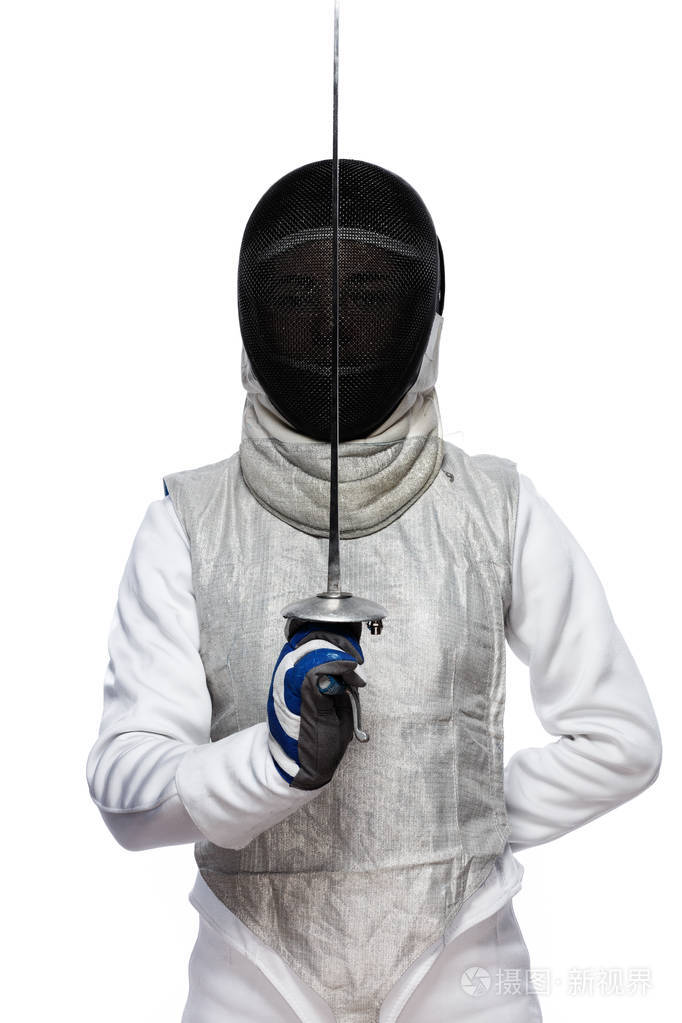 女子击剑手戴着面具拿剑架在一个她照片-正版商用图片0yt4qy-摄图新视