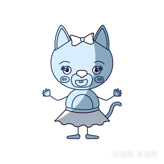 蓝色的颜色底纹剪影漫画的可爱的母猫在裙子镶上弓花边带幸福的表情和