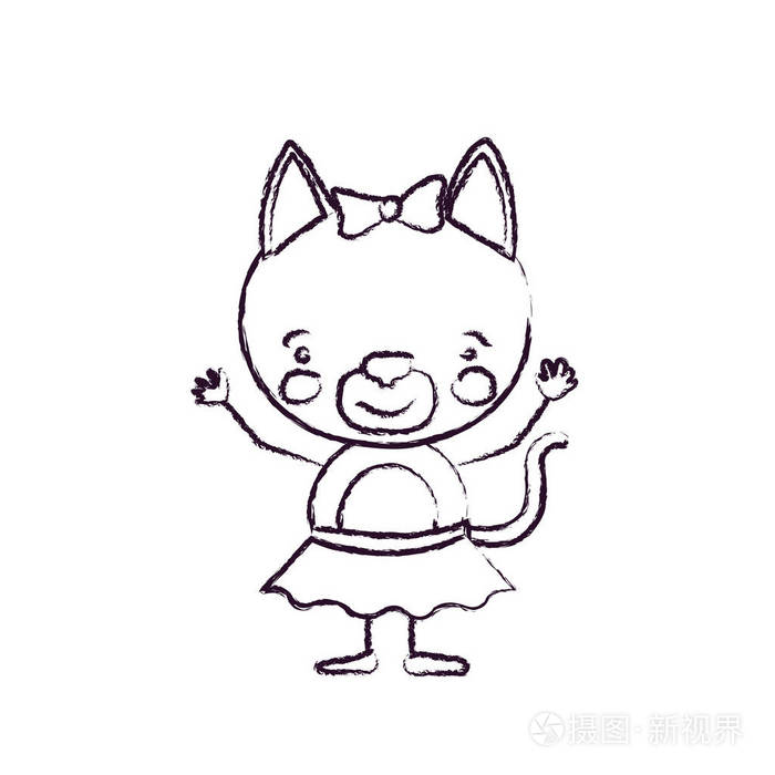 模糊轮廓漫画的可爱的表情母猫在用双手弓花边的裙子了