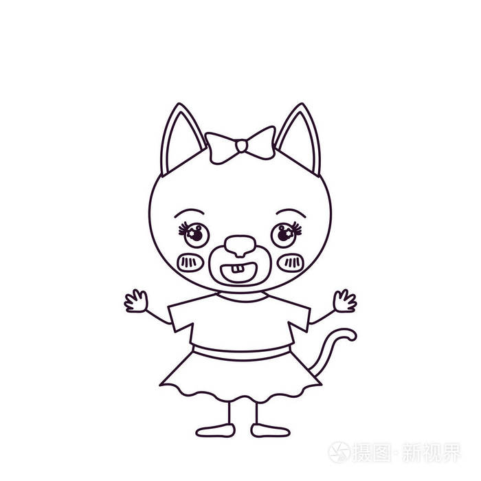 草绘轮廓漫画的可爱的母猫在服装与弓花边带幸福的表情和微笑