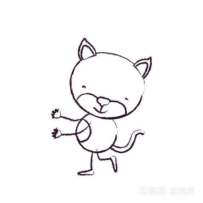 模糊的草绘轮廓漫画可爱小猫跳舞