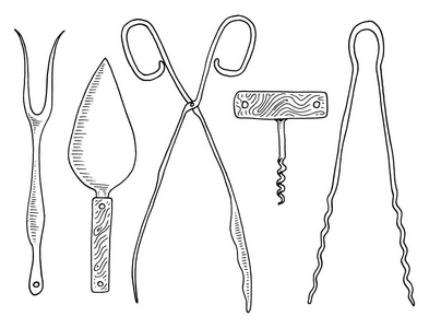 鲱鱼或蛋糕铲 芦笋钳 开瓶器和糖果钳叉。厨师和厨房用具，烹饪菜单装饰的东西。旧的素描和复古风格绘制的刻的手