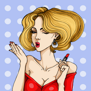 一个美丽的女人,由她用红色口红的嘴唇矢量波普艺术插画照片