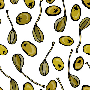 无缝刺山柑和青橄榄。孤立在白色背景上。现实的涂鸦卡通风格手绘素描矢量图。食物模式