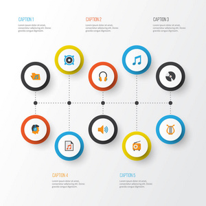 多媒体平面图标设置。男性 投资组合 音频和其他元素的集合。此外包括符号，如广播 存档，调频