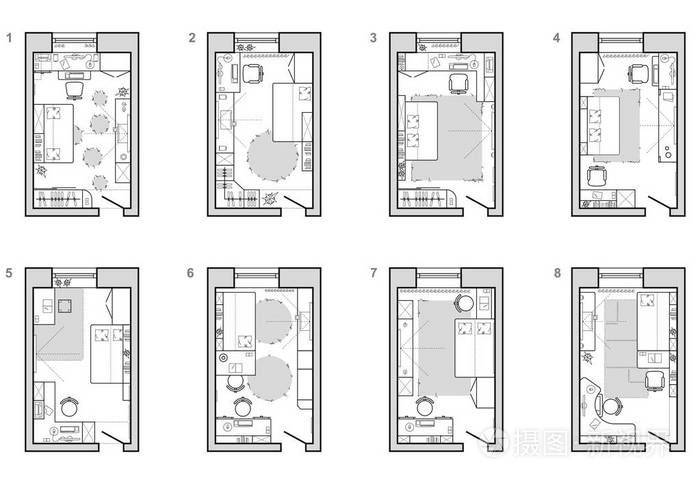 孩子的房间家具计划平面布置图符号作为建筑设计元素一套在俯视图中