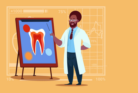 非裔美国人医生牙科医生正在看医学上的牙齿