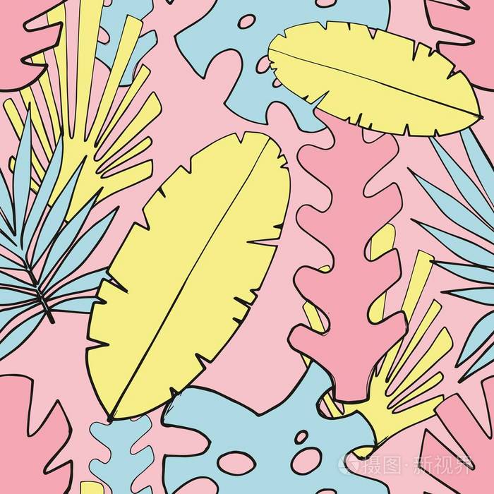 五颜六色的风格化热带树叶. 矢量无缝图案插画-正版商用图片0ytv4r-摄