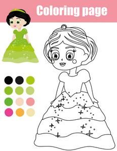 公主的字符的彩页。颜色由数字教育儿童游戏，绘图孩子活动