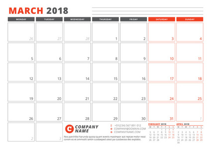 2018 年的日历模板。3 月。商务策划师 2018年模板。文具设计。周从星期一开始。在页面上的 3 个月。矢量图