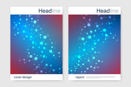 科学的宣传册设计模板。矢量海报布局 分子结构与连接的线和点。科学模式原子 Dna 与杂志 传单 封面 海报设计元素