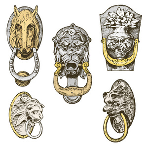 详细的古建筑。建筑装饰元素 木制的门把手 门环或句柄。狮子和马。刻的手绘在老剪影 古董和古董 巴洛克或哥特式风格