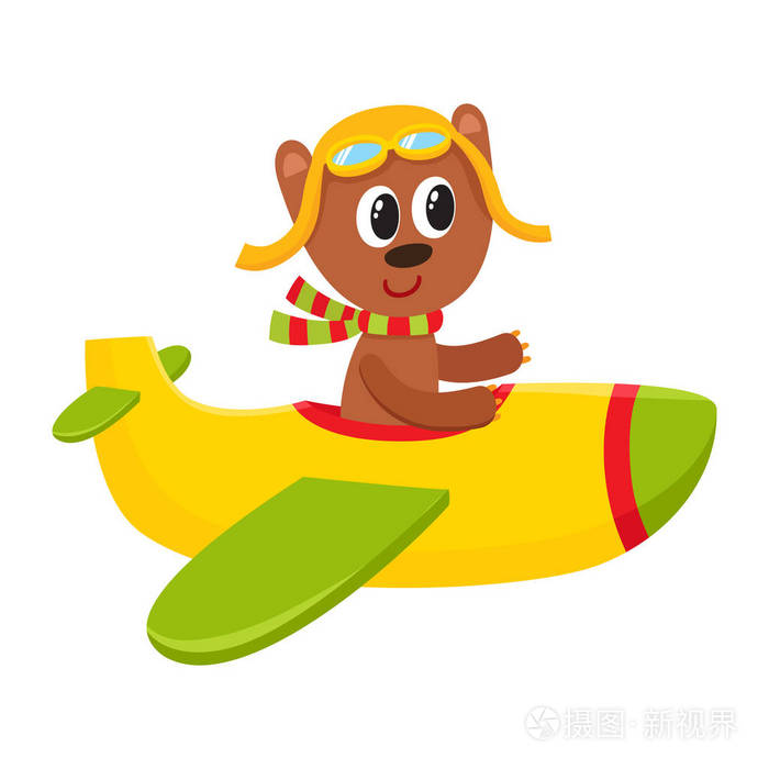 可爱的泰迪熊试点字符乘坐飞机,卡通插图