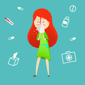 生病症状生病的小女孩.过敏孩子打喷嚏.矢量卡通插画.