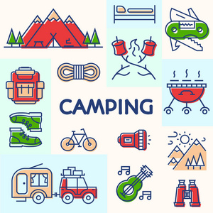 野营卡组成的露营车，山，背包，自行车旅行的徽章，为儿童营