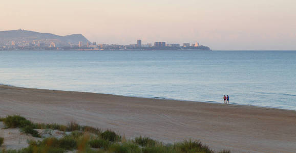 上午, 两名男子在城市的背景下沿着沙滩线散步