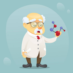 矢量卡通插图老滑稽科学家字符戴着眼镜和实验室外套