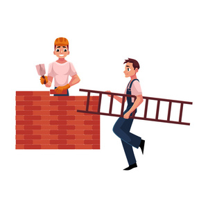 建筑工人，建筑商建筑墙面砖，另一种携带梯子
