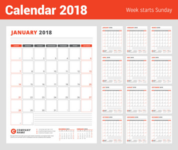 2018 年的日历模板。商务策划师 2018年模板。组的 12 个月。文具设计。周从星期日开始。矢量图