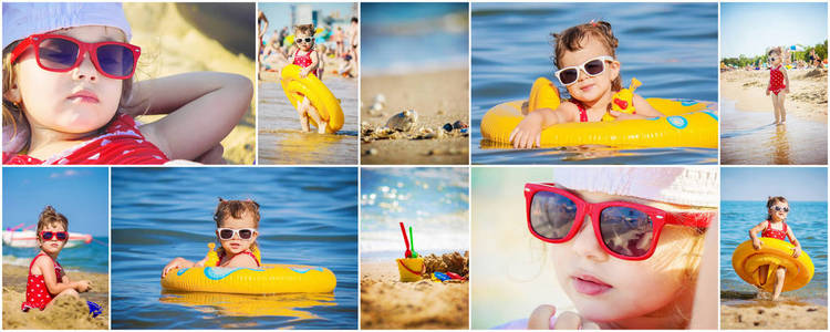 在海滩上，在海边的小女孩。拼贴。选择性的焦点