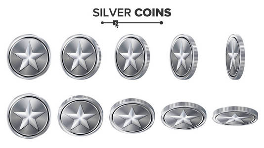 游戏 3d 银币矢量与明星。翻转不同的角度。成就硬币图标 符号 成功 赢家 奖金 现金符号。图上白色孤立。为 Web