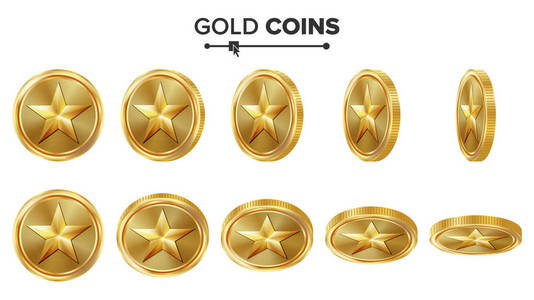 游戏 3d 金币矢量与明星。翻转不同的角度。成就硬币图标 符号 成功 赢家 奖金 现金符号。图上白色孤立。为 Web