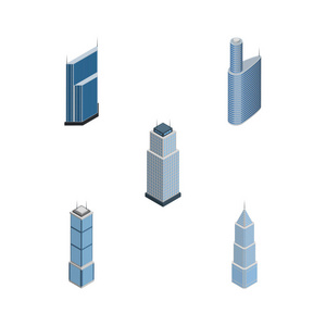 等距摩天大楼公寓 外观 建筑和其他矢量对象组。此外包括建筑 外观 城市景观元素
