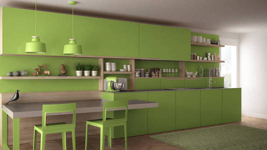 极简主义现代厨房，木制的细节 桌子和椅子