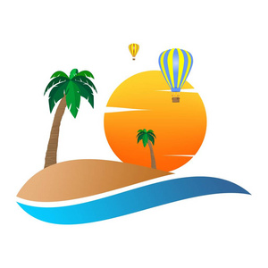 夏季景观图标，带橘黄色的夕阳，棕榈树在沙丘上与彩色热气球飞行和白色的云朵。浪漫之旅与水的节日问候。A 签收环境