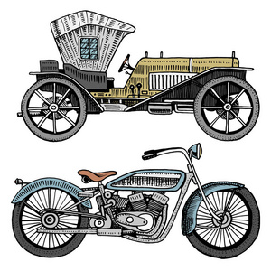 经典的汽车 机器或发动机和摩托车或摩托车插图。刻的手绘在旧的素描样式，老式的运输