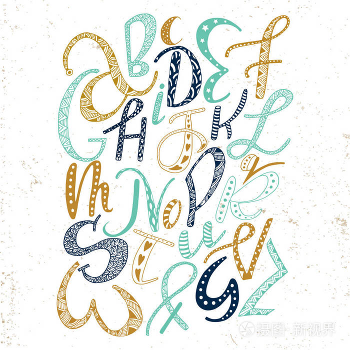独特的手绘涂鸦装饰与拉丁字母可爱的漫画字体在波西米亚风格abc字母