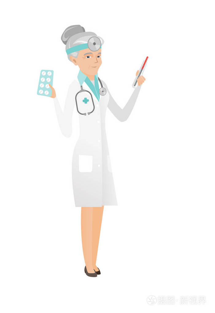 耳鼻喉科医生控股温度计和丸插画-正版商用图片0yvgi0-摄图新视界