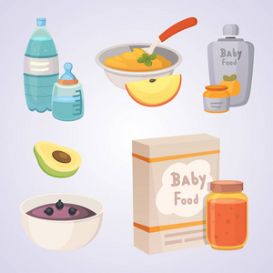 果汁和果泥从青苹果和西兰花的婴儿。食物为婴儿卡通产品集的