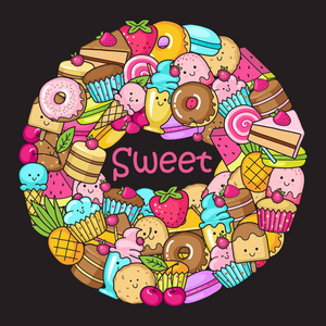 圈子从有趣的糖果 水果和冰淇淋。甜甜圈 蛋糕 蛋糕和饼干