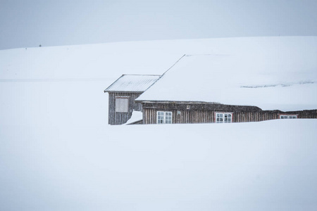 房子在雪地中挪威一个美丽 极简主义景观