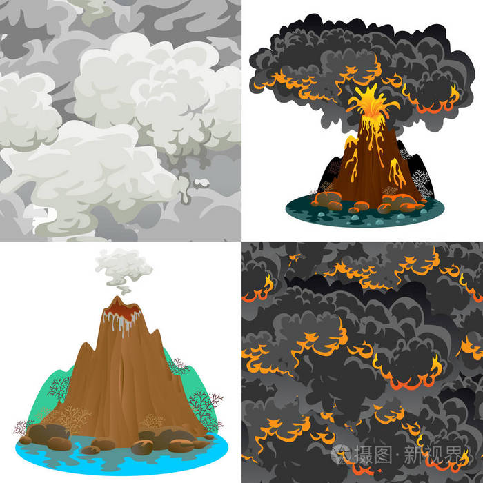 睡觉或觉醒危险火神,敬礼从岩浆灰和烟飞出熔岩流了下来,山矢量图插画