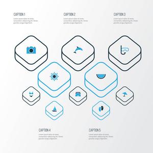 太阳多彩图标设置。海豚 短裤 雨伞和其他元素的集合。此外包括符号，如甜瓜，翻转，船舶