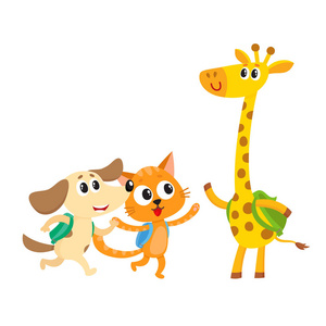 可爱的动物学生字符, 猫, 狗和长颈鹿与背包照片