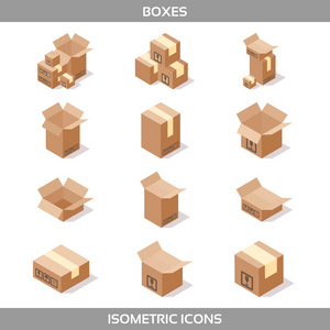 等距纸箱包装在等距风格与邮政标志中设置此端向上脆弱矢量图