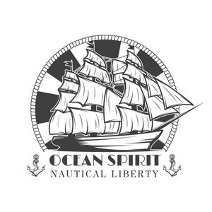 水手海军矢量老式标签 徽章或单色风格与船和锚标志