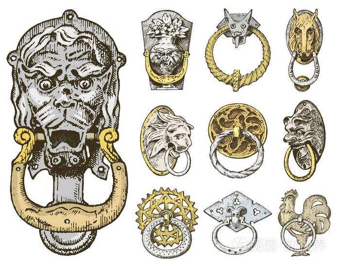 建筑装饰元素, 木制的门把手, 门环或句柄.狮子和马.