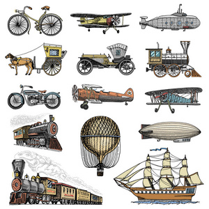 潜艇 船和汽车，摩托车，马车。飞艇或者飞船，气球，飞机玉米芯，机车。刻的手绘在旧的素描样式，老式旅客运输