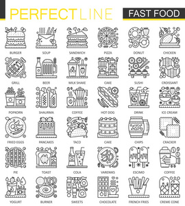 快餐食品大纲迷你概念符号。现代脑卒中线性风格的插图集。食品完美细线图标