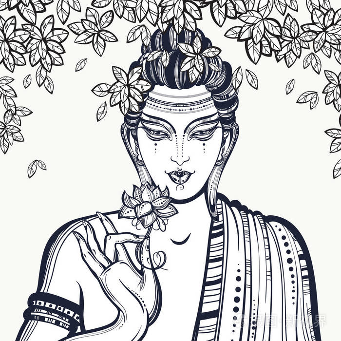 美丽图形的佛面超过菩提树手绘高品质向量组成精神和宗教的动机成年人
