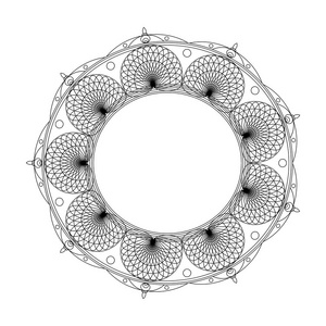曼荼罗为着色书。黑色和白色圆轮廓装饰点缀。不寻常的花朵的形状。东方和抗应激的治疗模式