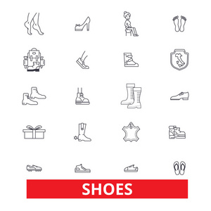 鞋 妇女 鞋类 夹板 拖鞋 靴子 运动鞋 高跟鞋 软皮鞋线图标。可编辑的笔画。平面设计矢量图符号的概念。孤立在白