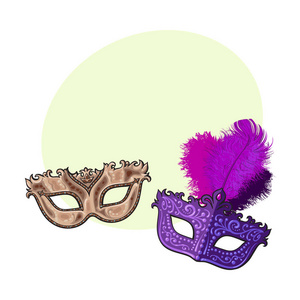 两个装饰威尼斯狂欢节面具，羽毛和金制装饰品
