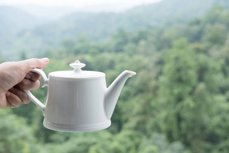 手拿着白色茶杯与绿色自然山背景