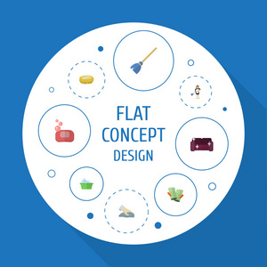 平面图标扫把 沙发 手套和其他向量元素。套清洗平面图标符号还包括手套 韧皮部 挑战对象