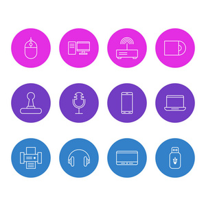 矢量图的 12 技术图标。可编辑包 Usb 卡 电脑 耳机和其他元素